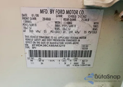 2008 Ford Edge Sel из США, поврежденный, VIN 2FMDK38CX8BA63219